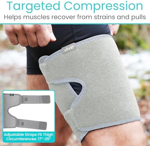 Vive Thigh Brace - Hamstring Quad Wrap - Adjustable Compression Sleeve Support for Pulled Groin Muscle, Sprains, Quadricep, Tendinitis, Workouts, Sciatica Pain and Sports Recovery - Men, Women (Grey)