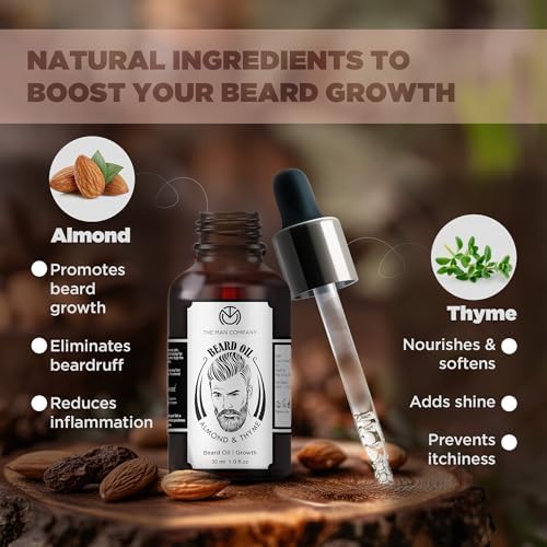 The Man Company 100% Natural Beard Oil for Men with Almond Oil, Thyme, Argan, and Jojoba Oil for Faster Beard Growth - 1.1 Oz | Beard Conditioner Oil, Softens & Strengthens Beards and Mustaches