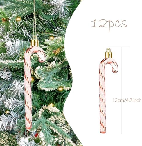 12Pcs Glitter Candy Cane Christmas Tree Decorations Christmas Plastic Candy Cane Tree Hanging Ornament for Holiday Party Decoration Favor (Rose Gold)