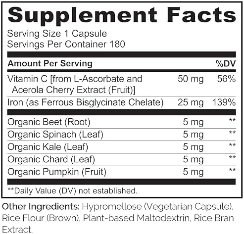 NATURELO Vegan Iron Supplement with Vitamin C and Organic Whole Foods - Gentle Iron Pills for Women & Men with Iron Deficiency Including Pregnancy, Anemia and Vegan Diets - 180 Mini Capsules