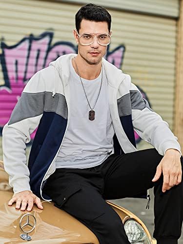 LBL Mens Slim Fit Long Sleeve Zip-up Fleece Hoodie Color Block Sweatshirt with Kangaroo Pocket