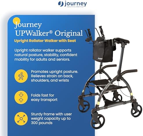 LifeWalker UPWalker Large Original Upright Walker for Adults & Seniors – Adjustable Upright Rollator with Seat, Hand Brakes & Stability Design