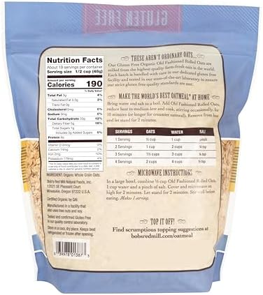 Bob's Red Mill Gluten Free Organic Old Fashioned Rolled Oats, 32oz (Pack of 1) - Non GMO, Whole Grain, Vegan, Kosher