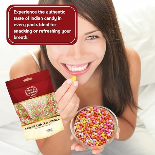 Spicy World Sugar Coated Fennel Seeds | Sweet Saunf Candy for Mouth Freshening - 7 Oz (200g) Pack | Premium Quality Fennel Mouth Freshener | Indian After Meal Digestive Treat