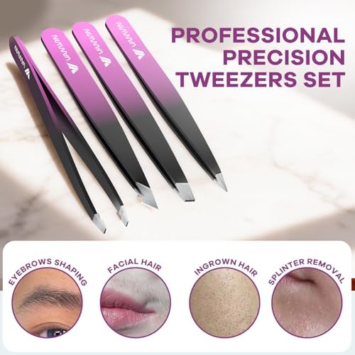 Tweezers Set, 4 Pack Professional Stainless Steel Precision Tweezers with Slant, Pointed, Flat & Angled Tips for Eyebrow, Facial Hair, Ingrown Hair, Splinter & Blackhead Removal for Women & Men