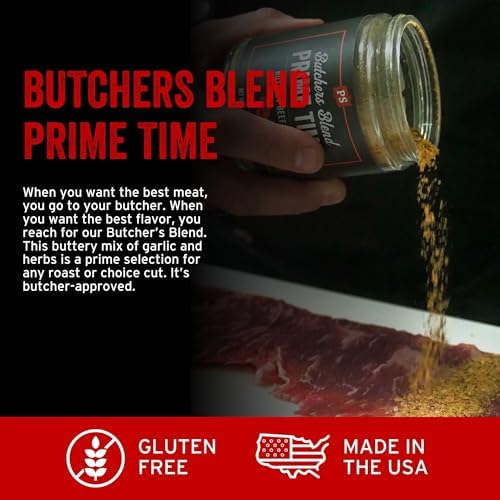 PS Seasoning Prime Time Butchers Blend - Buttery Garlic and Herb BBQ Seasoning & Beef Rub for Smoking, Grilling or Baking - Dry BBQ Rubs and Spices for Grilling Steaks, Pork, Chicken, Beef Prime Cuts