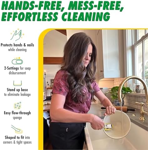 Libman Dishmatic I-Stand Dish Wand Kit, Kitchen Cleaning Scrub Brush with Handle and Soap Dispenser for Scrubbing and Washing Dishes, Refillable Standing Dispensing Scrubber Brushes, 3 Sponge Refills