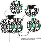 1 PCS She Believed She Could So She Did Cake Topper with Glitter Grad Cap Cake Pick Class of 2026 Senior Graduation Cake Decoration for 2026 Graduation Theme Party Decorations Supplies Black Green