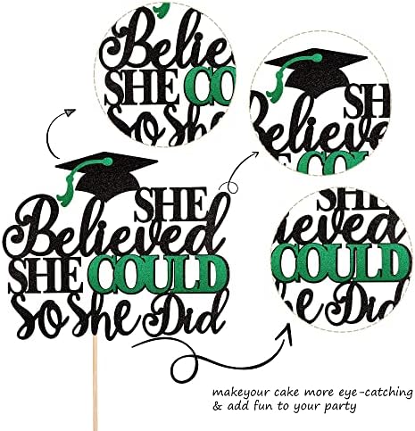 1 PCS She Believed She Could So She Did Cake Topper with Glitter Grad Cap Cake Pick Class of 2026 Senior Graduation Cake Decoration for 2026 Graduation Theme Party Decorations Supplies Black Green
