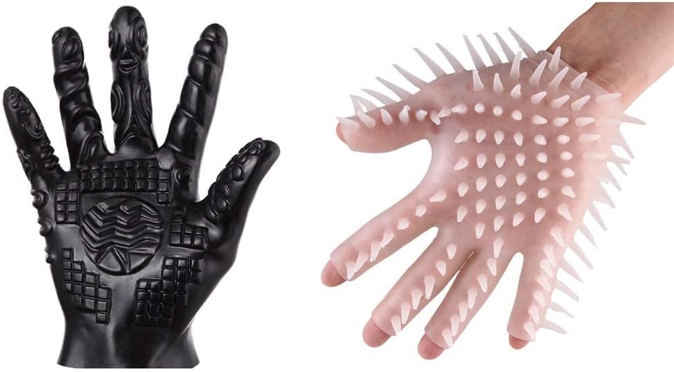 Massage Gloves, 2Pcs Soft Flirting Massage Gloves Men Ribbed Teasing Gloves, Bath Glove Silicone Male Female Massage Tool (Black B+Transparent A)
