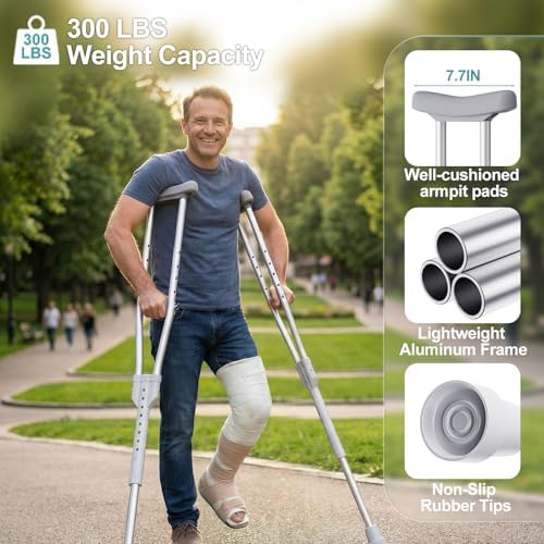 Aluminum Crutches for Adults & Seniors, Adjustable Crutches for Walking, Comfortable Lightweight Crutch with Underarm Pad & Crutch Bag & Hand Grip, 300 LB Weight Capacity, Fitting 5'8"-6'6", 1 Pair