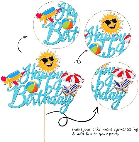 1 PCS Summer Beach Happy Birthday Cake Topper Glitter Ball Sun Umbrella Water Gun Pool Cake Pick for Hawaiian Holiday Baby Shower Birthday Party Cake Decorations Supplies Blue