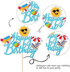 1 PCS Summer Beach Happy Birthday Cake Topper Glitter Ball Sun Umbrella Water Gun Pool Cake Pick for Hawaiian Holiday Baby Shower Birthday Party Cake Decorations Supplies Blue