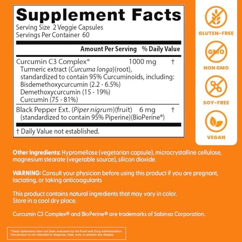 Doctor's Best Turmeric Curcumin Supplement 1000mg for Men & Women - Curcumin Caps from Turmeric Root, Black Pepper Extract (BioPerine), 95% Piperine, Joint Health Support, Non GMO - 120 Veg Capsules