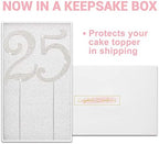 25 Cake Topper - Premium Silver Metal - 25th Birthday or Anniversary Party Sparkly Rhinestone Decoration Makes a Great Centerpiece - Now Protected in a Box