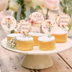 Wild One Birthday Decorations Girl, 36pcs Wildflower First Birthday Decorations Cupcake Toppers 3 Tpyes Double-Sided Printing Pre-Assembled for Our Little Wildflower Is Turning One Decor