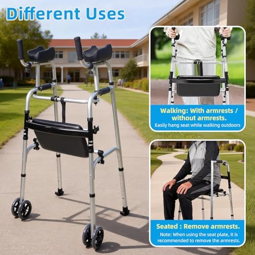 Upright Walker for Seniors with Padded Seat and Armrests - Heavy Duty 420 lbs Capacity Stand Up Walking Aid - 7-Level Height Adjustable Folding Walker with Wheels for Elderly