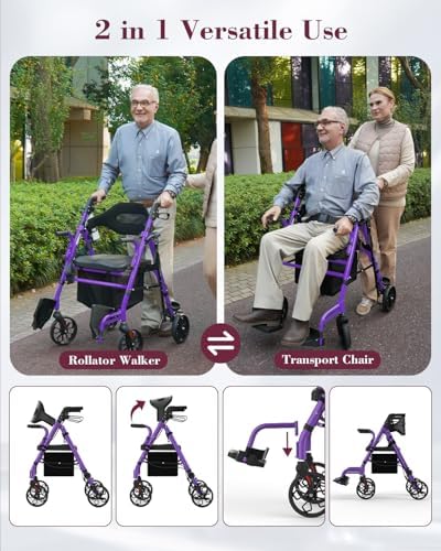 Walkers for Seniors with Seat, Extra Wide 2 in 1 Rollator Walker & Transport Chair with Reversible Backrest & Detachable Footrests, Foldable Wheelchair Combo with 8" Anti-Slip PU Wheels, Purple