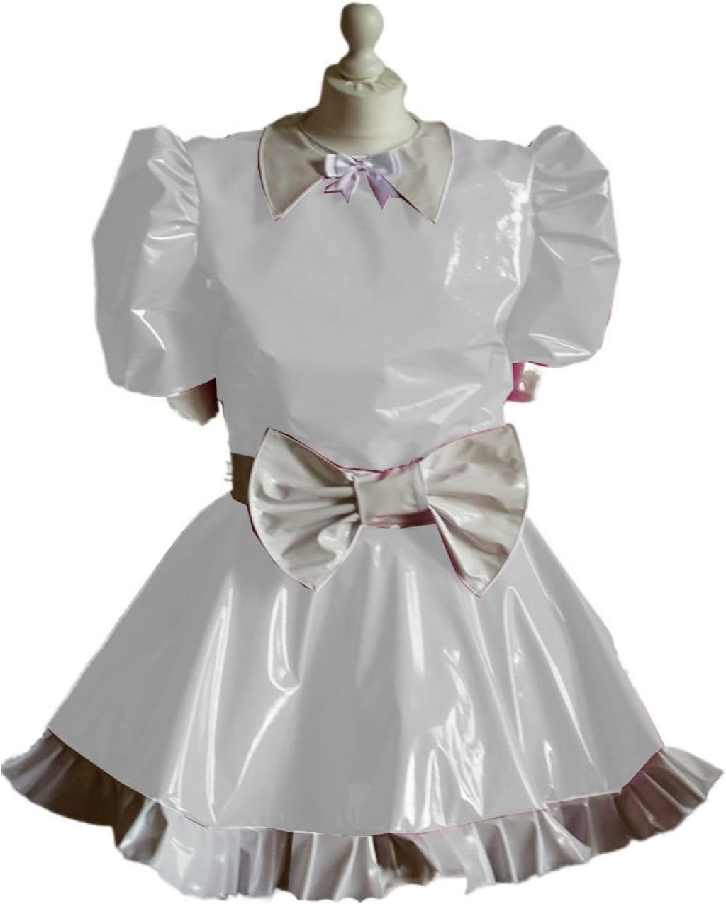 Maid Cosplay Sleeve Mini Dress Ladies Cute White Bowknot Decor Uniform PVC Patchwork A-line Pleated Dress,Silver,M