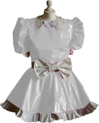 Maid Cosplay Sleeve Mini Dress Ladies Cute White Bowknot Decor Uniform PVC Patchwork A-line Pleated Dress,Silver,M