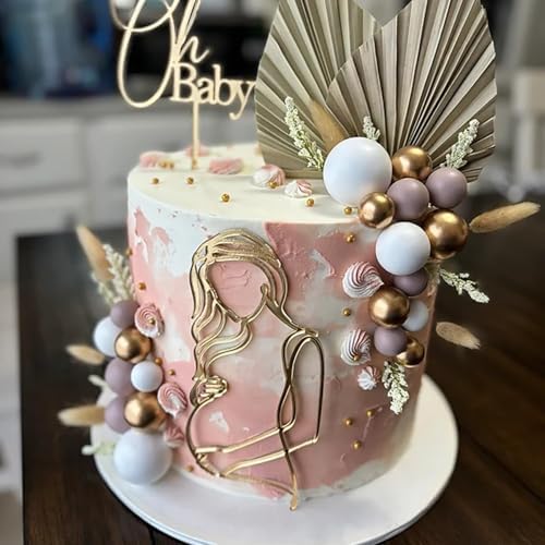 2PCS Gold Oh Baby Cake Topper with Pregnant Mother Silhouette, Acrylic Baby Shower Decoration For Welcome Baby/Pregnancy Announcement/Mommy to Be/Baby Shower Gender Reveal Party Supplies