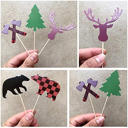 ALISSAR 30-Pack Lumberjack Cupcake Toppers, Buffalo Plaid Baby Bear Tree Cupcake Topper for Campfire Lumberjack Party Supplies Baby Shower Dcoration.