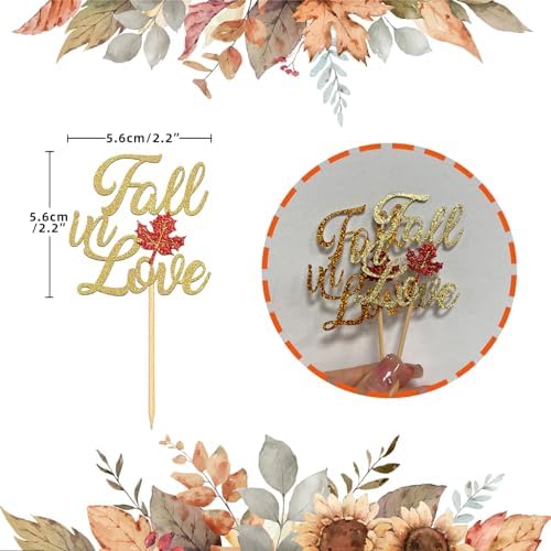 24PCS Fall in Love Cupcake Toppers Fall Theme Party Decorations, Bridal Shower Cupcake Picks Engagement Cake Decorations, Wedding Anniversary Bridal Shower Party Decorations (Gold)