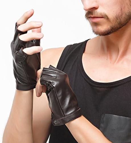 Nappaglo Men's Classic Fingerless Gloves Imported Lambskin Leather Silk Lining Half Finger Driving Cycling Outdoor Gloves