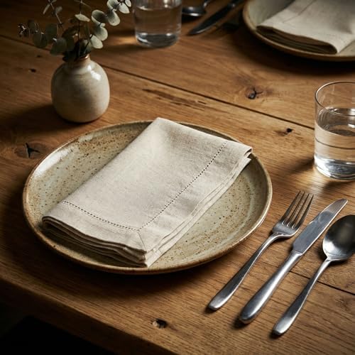 Flax Hemstitchend Cloth Dinner Napkin Set of 12 Natural 20x20 Inches, Premium Cotton Linen Dinning Table Napkins Ideal for Guest, Spring, Cocltail | Soft Neutral Event Napkin for Easter Basket Decor