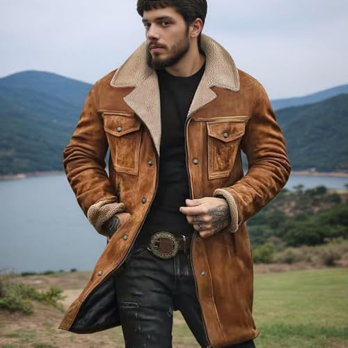 Western Jackets for Men,men's vintage suede long casual coat,Plush Collar Coats Faux Leather Zip Up Casual