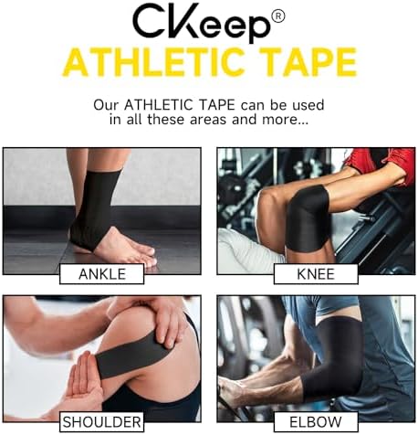 CKeep Athletic Tape, 4 Pack Black Sports Tape, Very Sturdy No Glue Residue, Wrist Ankle Tape for Muscle, Climbing, Boxing, Athletes, Baseball Bats, Strains, Sprains, Injuries（1.5 Inches）