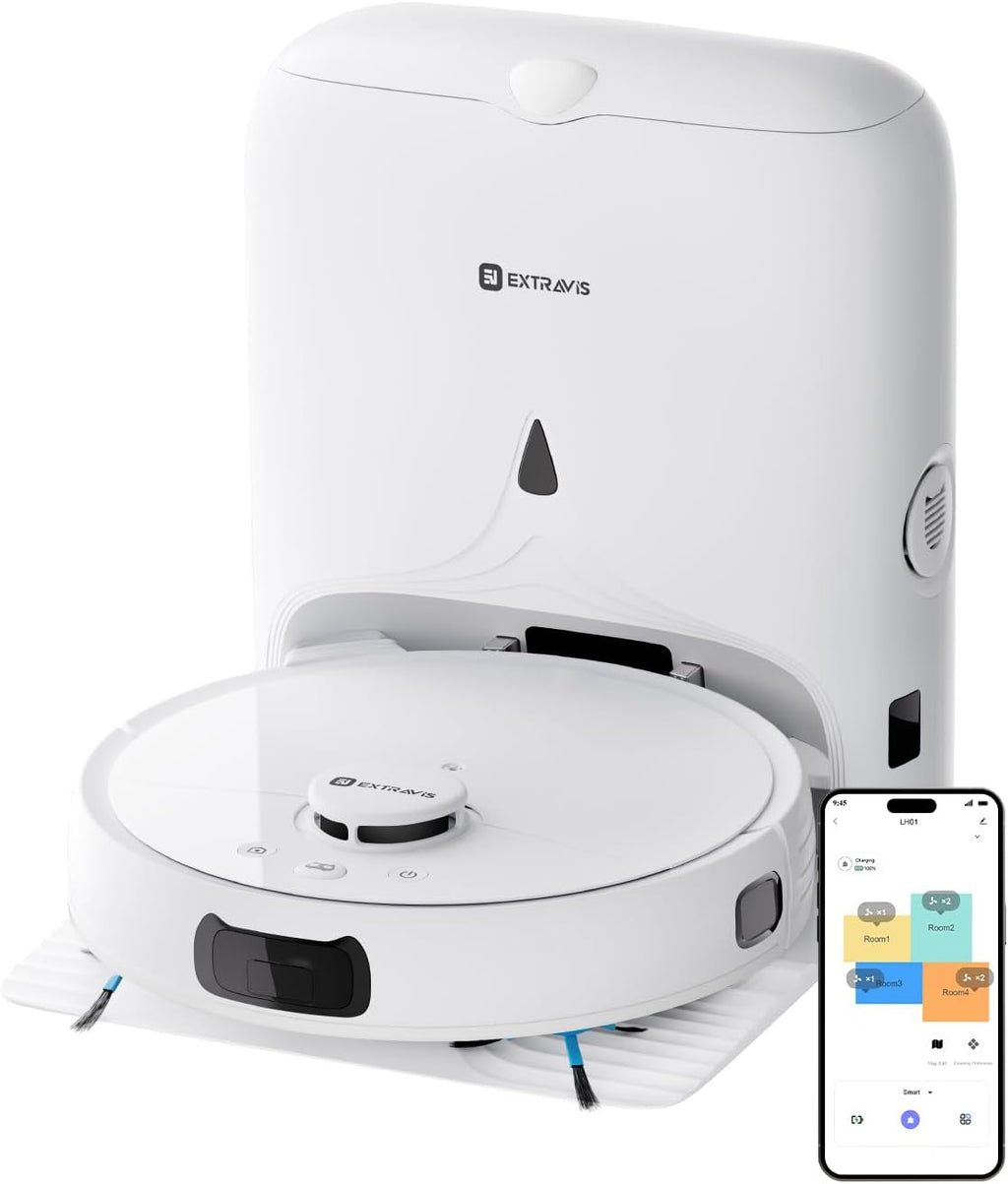 V5 Robot Vacuum and Mop, Self-Emptying Robotic Vacuum Cleaner, 8500Pa Suction, Pet Hair Tangle Cutter, Laser Navigation, Cat Laser, Carpet Detection, Ideal for Hard Floor, Tile, and Carpet