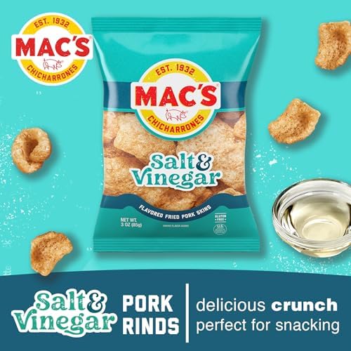 Mac's Salt & Vinegar Fried Pork Skins - Salt & Vinegar Flavored Chicharrones Pork Rinds - Low Carb, Gluten-Free, Keto-Friendly Snack- 3oz (12-Pack)