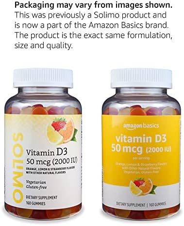 Amazon Basics Vitamin D3 2000 IU Gummies, Orange, Lemon & Strawberry, 160 Count (2 per Serving) (Previously Solimo)