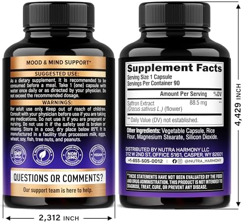 Natural Saffron Supplements - Pure Saffron Extract 88.5 mg - Mood | Focus | Vision | Energy Support - Eye Health for Women & Men - Lab Tested - NonGMO Vegan Pills - 90 Powder Capsules, 3 Month Supply
