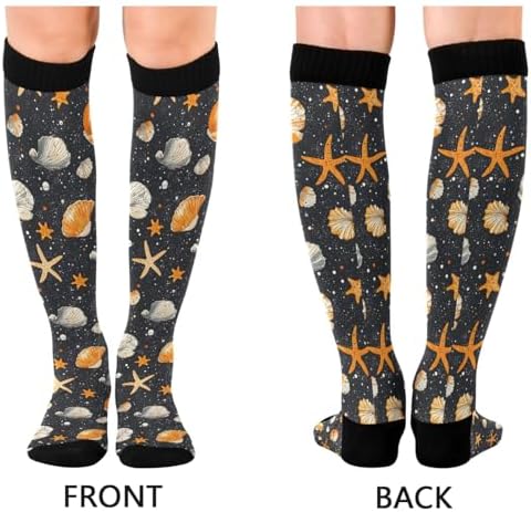 Seashell Starfish on Black Compression Socks for Women Men Knee High Socks for Running Athletic Nurse Cycling Sports