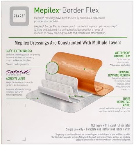 Mepilex Border Flex 4 x 4 in (10 x 10 cm) Hospital Grade Dressings for Skin Tears, Minor Burns and Cuts Waterproof Adhesion for Up to 7-Day Use