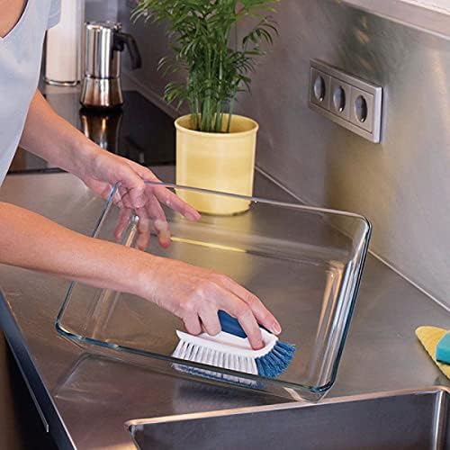 Unger Cookware and Bakeware Dish Scrubbing Brush with Scraper, Kitchen and Dish Washing Scrubber, Non-Slip Cleaning Supplies, Tackle Stuck-On Food in Baking Dishes, Dishwasher Safe