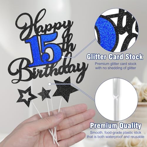 Happy 15th Birthday Cake Toppers, Black Blue Glitter Cake Decorations Set, 15th Birthday Decor, Birthday Anniversary Party Decorations Supplies