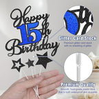 Happy 15th Birthday Cake Toppers, Black Blue Glitter Cake Decorations Set, 15th Birthday Decor, Birthday Anniversary Party Decorations Supplies
