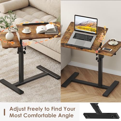 Height Adjustable C-Shaped Table with Removable Wheels, Mobile Sofa Snack Table with Tiltable Top, Adjustable Laptop Stand for Couch, Bedside Desk with Pen Slot, Rustic Brown