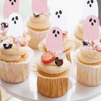 Halloween Ghost Cupcake Toppers 24Pcs White Pink Glitter - 2 Inch Tall - Perfect for Halloween, Baby Showers, Birthdays