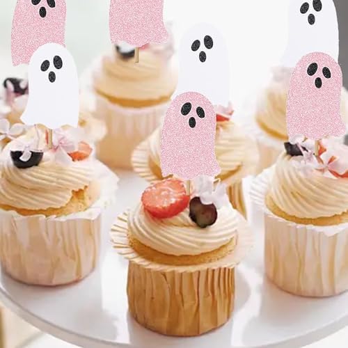 Halloween Ghost Cupcake Toppers 24Pcs White Pink Glitter - 2 Inch Tall - Perfect for Halloween, Baby Showers, Birthdays