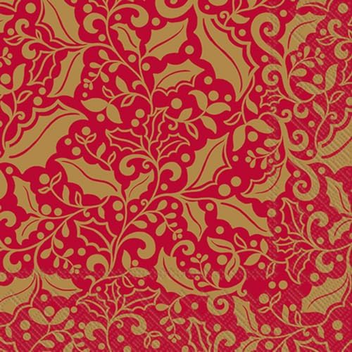 IHR Ideal Home Range Cocktail Napkins Disposable 3-Ply Paper Party Napkin Pack, 5" x 5", Christmas Sparkle (Red & Gold), 20-Count
