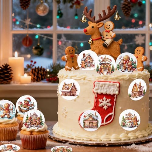 36PCS Edible Gingerbread Cupcake Toppers Wafer Paper Bread Man Christmas Tree Cupcake Toppers for Merry Christmas Theme Party Baby Shower Birthday Decor Supplies