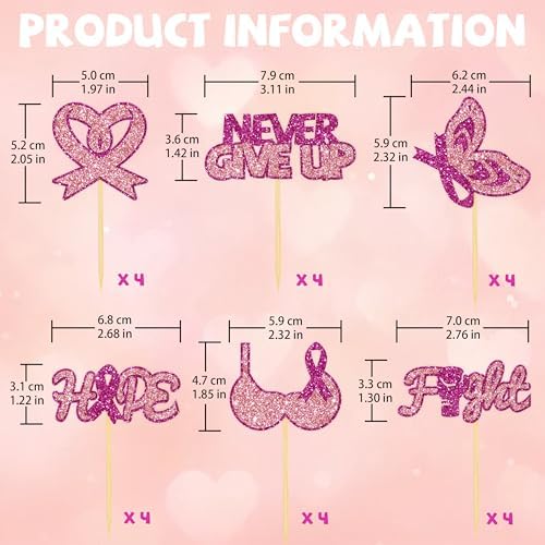 24 Pcs Rose Pink Glitter Breast Cancer Awareness Cupcake Toppers for Fight Hope Breast Cancer Party Cake Decorations, Awareness Month and Survivor Party Supplies
