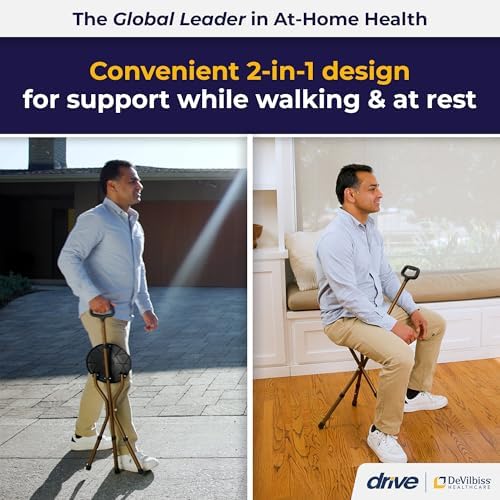Drive Medical RTL10365-ADJ Adjustable Lightweight Folding Cane with Seat, Black