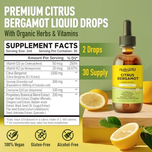Citrus Bergamot Liquid Drops, Organic Citrus Bergamot 1000mg Supplement, Plus Soursop, CoQ10, Vitamin D3, K2, Overall Health Support, Vegan, Lemon Flavor,2 Fl Oz