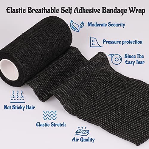 24 Pack Self Adherent Cohesive Bandage Wrap, 4” x 5 Yards Elastic Grip Tape Black Vet Wrap for Dogs, Athletic Bandages Wrap for First Aid Medical, Sports, Ankle, Wrist Sprains