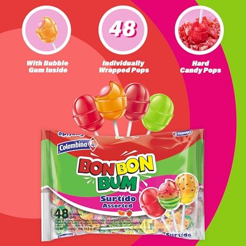 Colombina Bon Bon Bum Assorted Lollipops Fruit Hard Candy, Individually Wrapped Sweet Fruit Pops, 48 Count (Pack of 1)
